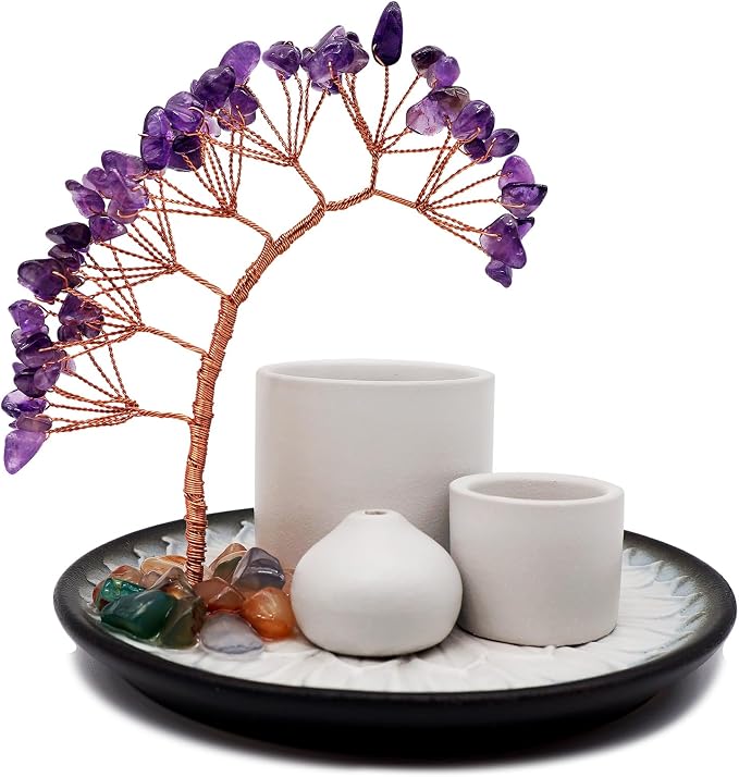 5 in 1 Incense Burner Holder with Crystal Tree for Burning Palo Santo Stick, Sage, Incense Sticks, Candle, Ceramic Tray Ash Catcher, Meditation Gift (Purple) - skull incense burner