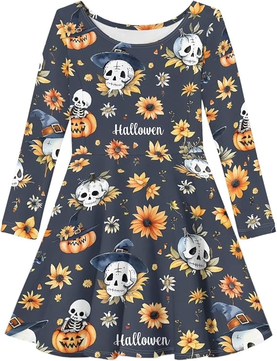 KiuLoam Girls Long Sleeve Dresses Kids Playwear Dresses Casual Party Twirly Dress 2-14T - sugar skull dress