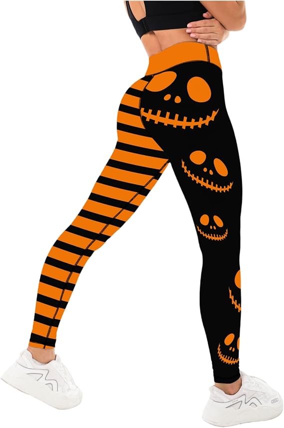 Womens Halloween Leggings with Demon Printed High Waist Workout Plus Size Gym Athletic Running Yoga Pants - skull leggings