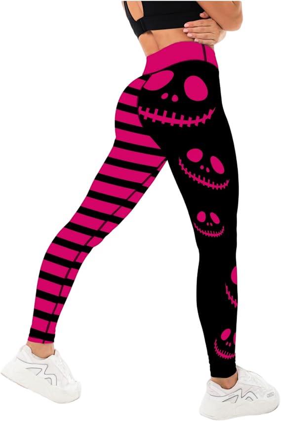 Womens Halloween Leggings with Demon Printed High Waist Workout Plus Size Gym Athletic Running Yoga Pants - skull leggings