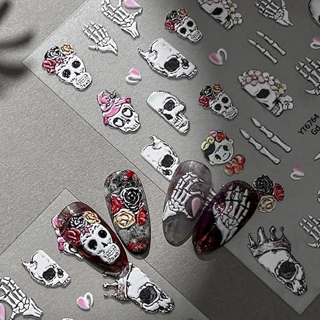 Halloween Nail Stickers for Nail Art Charm Skull Halloween Fingernail Nail Art Stickers Black 5D Embossed Nail Decals 3D Self-Adhesive Nails Supply Manicure Sliders for Nail Decoration - skull sticker
