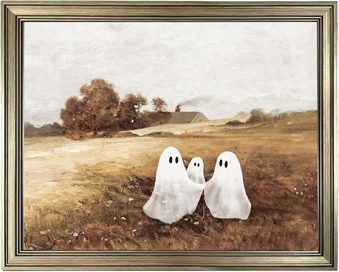 Halloween Canvas Wall Art Cute Ghosts Paintings In Vintage Halloween Picture Framed Farmhouse Landscape Wall Artwork - skull wall art