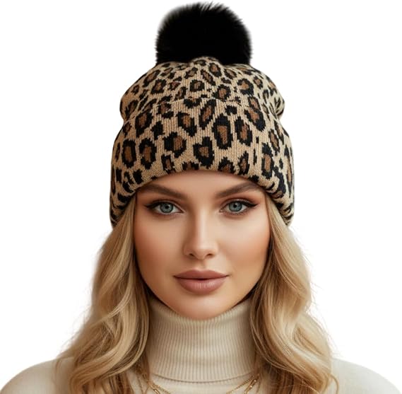 Beanie Hat for Women Men Unisex Cuffed Y2K Leopard Print Winter Knit Skull Cap Warm Knitted Cap - skull hat
