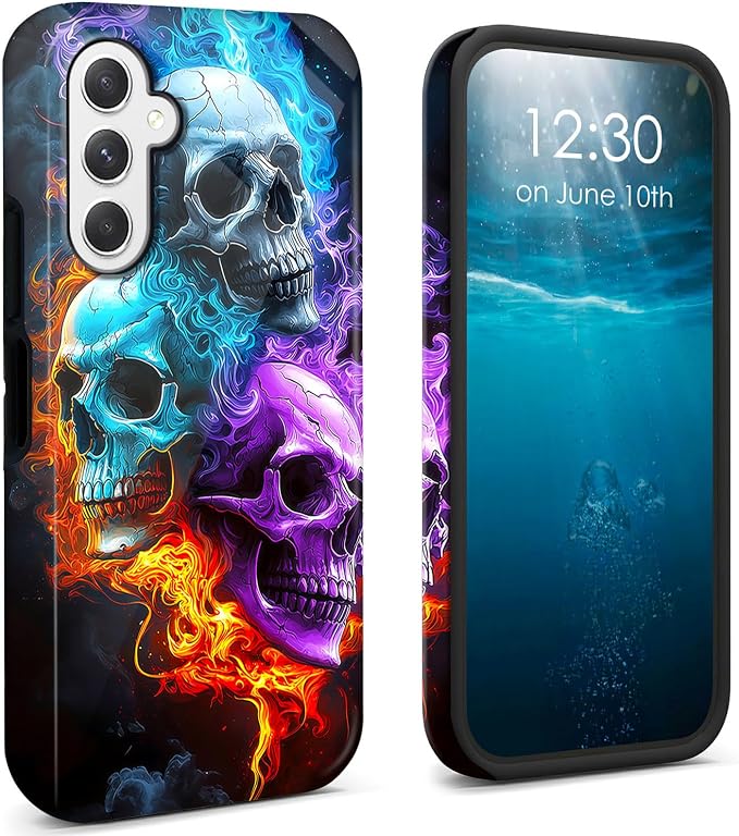for Galaxy A17 5G Phone Case 2025 Dual Layer Cover Hard PC + Soft TPU Black Shockproof Protective Phone Case for Samsung Galaxy A17 5G 6.7 inch - Cute Fire Skulls - Skull phone case