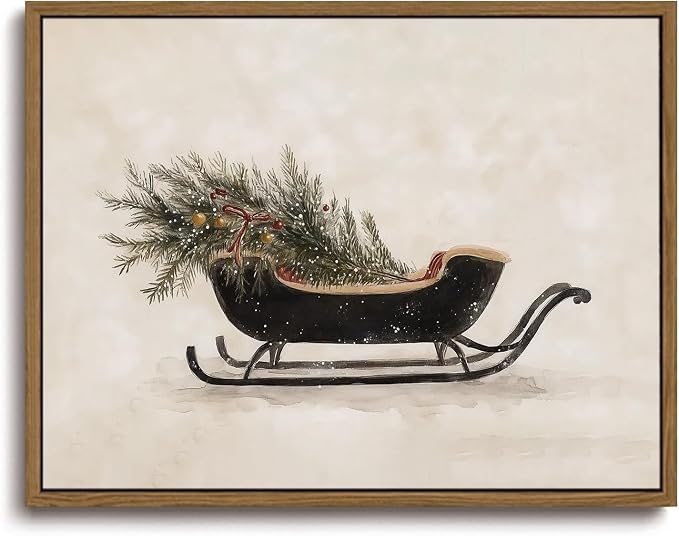 Vintage Christmas Sleigh Framed Wall Art Neutral Winter Canvas Art - skull painting