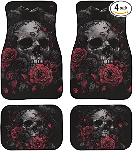 Rose Skull Print Car Rubber Floor Mats 4Pcs Heavy Duty Automotive Interior Mat with Non Slip Rubber Backing Universal Auto Interior Decor for Truck Sedan SUV - skull floor mat