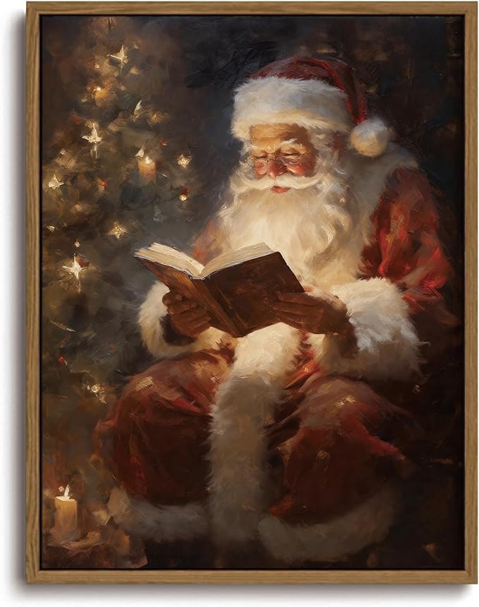 Vintage Christmas Framed Wall Art Santa Reading by Christmas Tree Art Print - skull painting