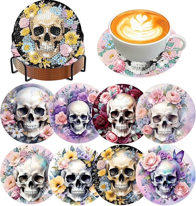 8 Pcs Diamond Art Coaster Kit for Adult with Holder, Diamond Coasters 4x4in - skull coaster