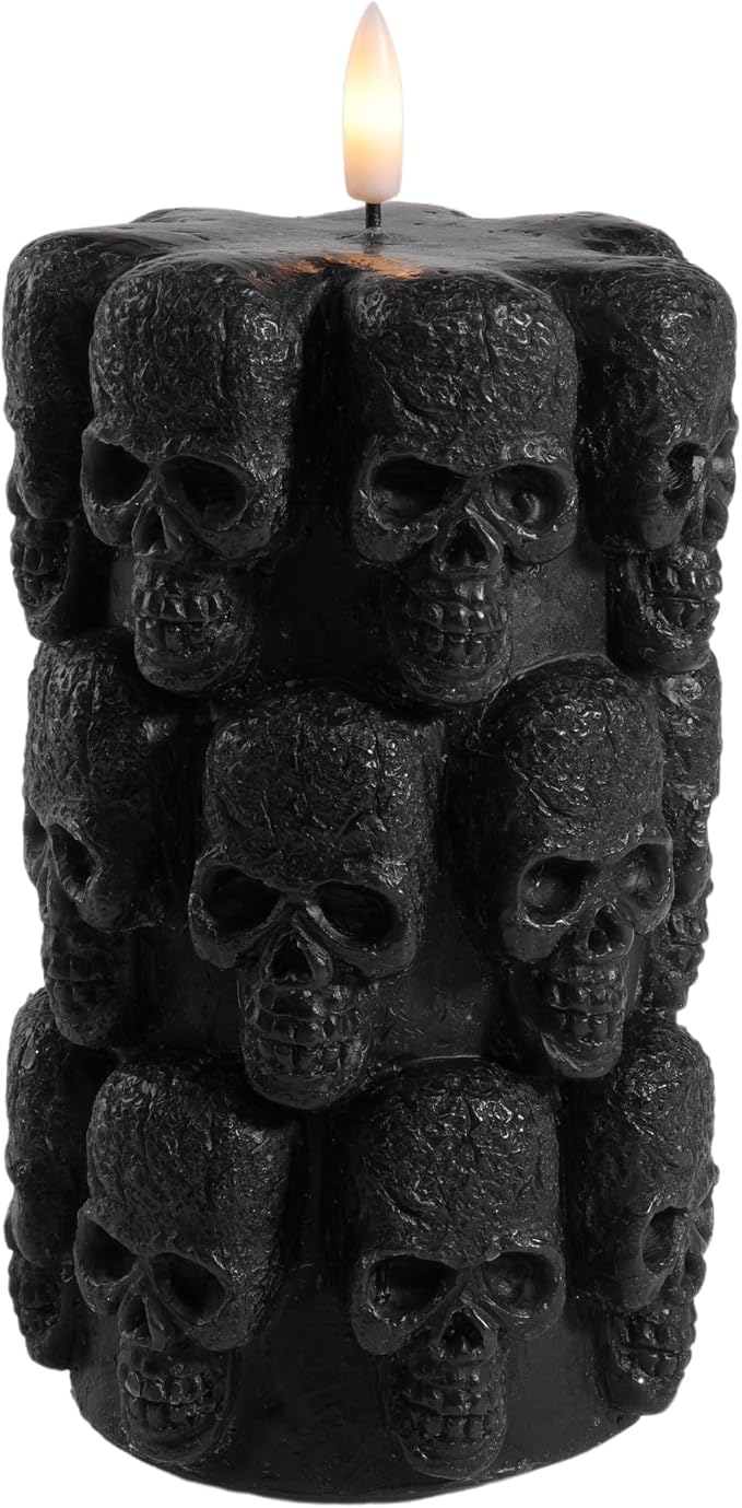 LumiPur Signature Collection Skulls Natural Glow Flickering Flameless LED Wax Pillar Candle (3.5" x 6", Black) - skull candle