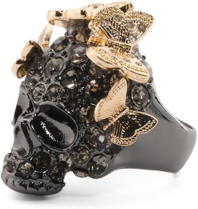 Betsey Johnson Gothic Skull Ring with Gold Butterflies, Two-Tone Black and Gold, Halloween Statement Cocktail Ring - skull ring
