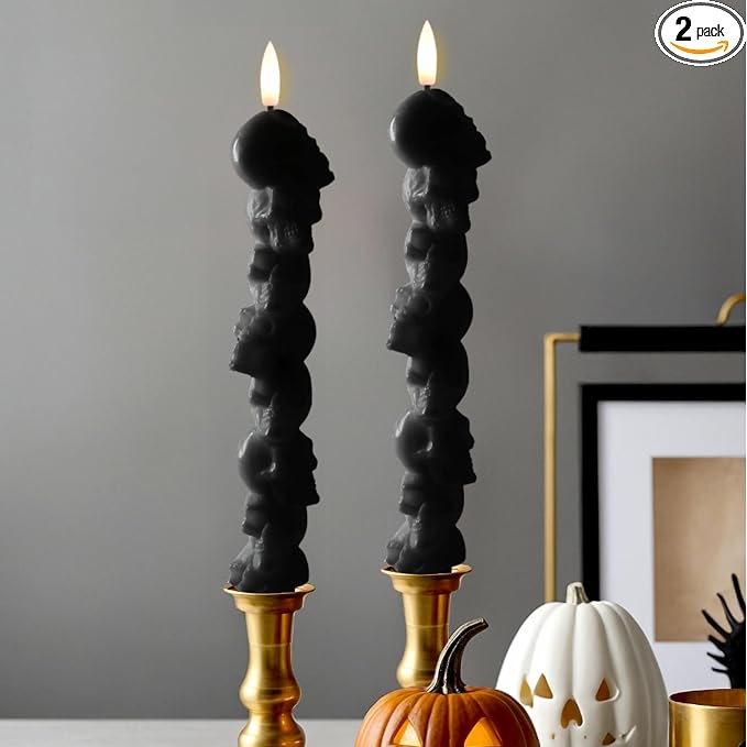 LumiPur Signature Collection Natural Glow Flickering Flameless LED Wax Taper Candle 1" x 9" (Skulls - Black, 2-Pack) - skull candle