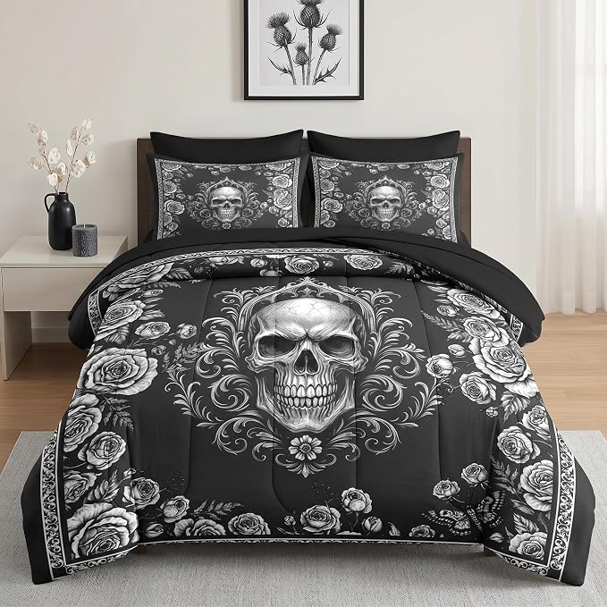 Nesker King Comforter Set with Sheets, 7 Pieces Rose Gothic Bedding - skull bedding
