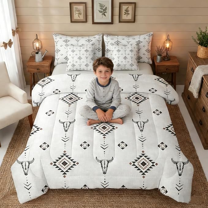 Erosebridal Western Aztec Comforter Set Full Size, Boho Farmhouse Bedding - skull bedding