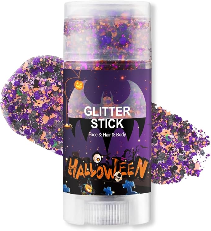 Halloween Body Glitter Stick, Black Orange Purple Sequin Hair Glitter for Rumi Costume Cosplay and Tattoos Makeup, Chunky Glitter Face Paint, Waterproof Face Glitter Gel for Glirs and Women - sugar skull makeup
