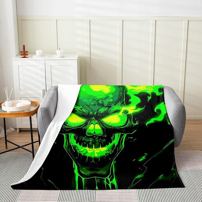 Erosebridal Neon Green Skull Fleece Throw Blanket Queen 90"x90" - skull blanket