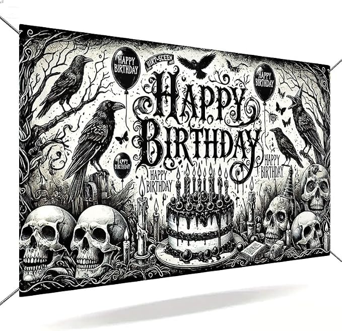 Large Happy Birthday Banner 71x43 Inch, Gothic Skull Crow Dark Party Fabric Backdrop with Cake Candles and Balloons, Big Hanging Porch Sign for Birthday Decorations Indoor Outdoor Yard Patio - skull inflatable