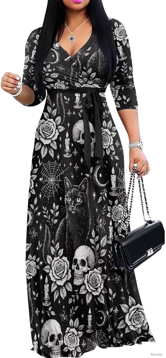 Women's Flowy V-Neck Maxi Dress with Pockets - Casual Long Summer Dress Elastic Waist Tie, Plus Size S-5XL - sugar skull dress