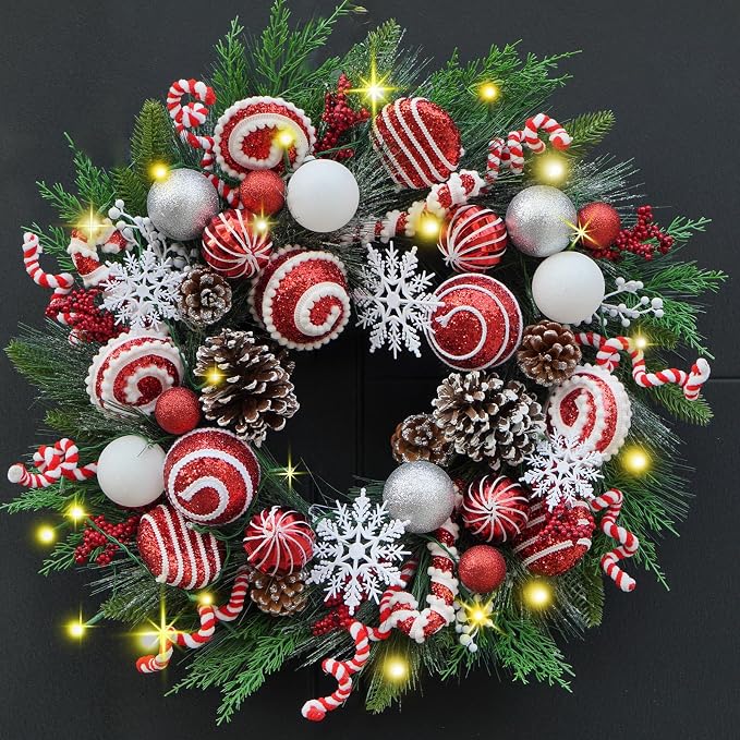 24 Inch Artificial Christmas Wreath for Front Door, Red White Wreath with Christmas Balls Peppermint Candy Snowflakes Xmas Decorations for Winter Wall Outdoor Home Holiday Decor - skull wreath