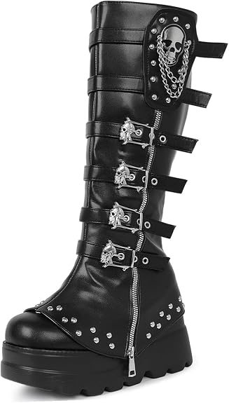 Women's Knee High Wedge Platform Boots Round Toe Punk Goth Mid Calf Motorcycle Combat Boot Metal Buckle Chunky Heel Boots - sugar skull costume