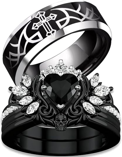 Punk Skull Rings Black Plated Couple Rings Cross Wings 1.5CT Heart Black CZ Wedding Ring Sets - skull plate