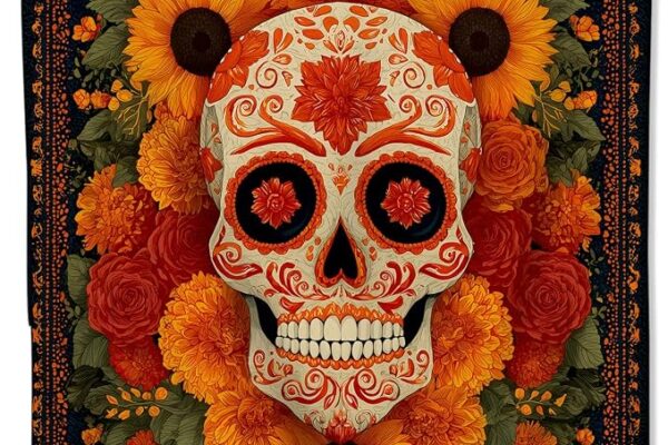 Colorful Sugar Skull Fleece Blanket, Soft Throw with Floral, Lightweight Cozy Blankets for All Seasons, Gothic Day of The Dead Home Decor and Gifts for Goth Lovers and Halloween, 50×60 Inch