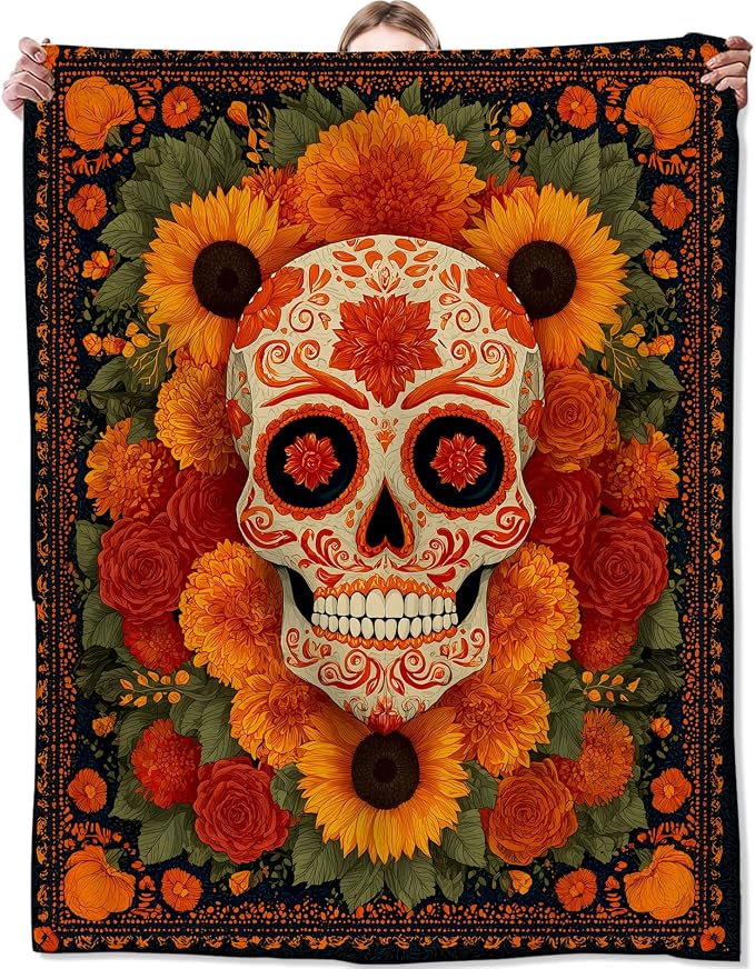 Colorful Sugar Skull Fleece Blanket, Soft Throw with Floral, Lightweight Cozy Blankets for All Seasons, Gothic Day of The Dead Home Decor and Gifts for Goth Lovers and Halloween, 50×60 Inch