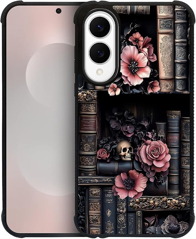 Case for Samsung Galaxy S25 Edge,Anti-Scratch Reinforced Corners Shockproof Protective Case for Men & Women-Vintage Aesthetic Skull Floral Bookshelf - Skull phone case