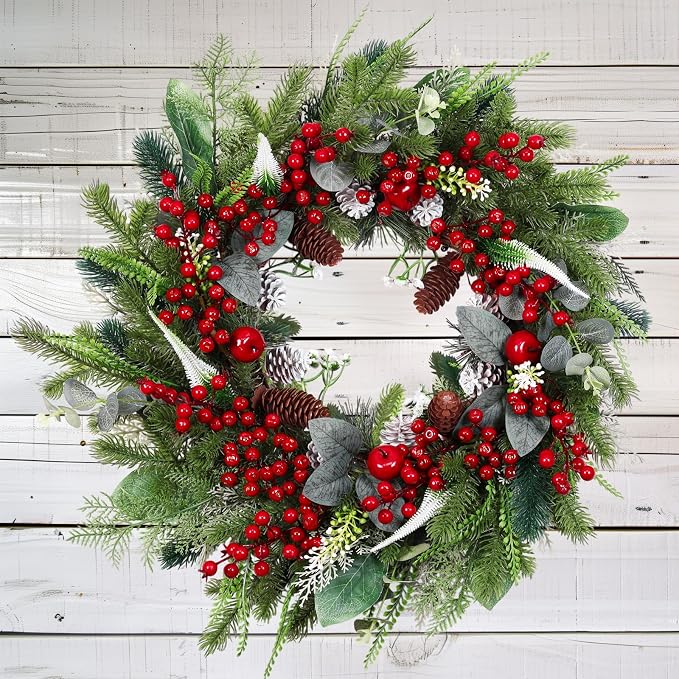 24 Inch Christmas Wreath with Red Berries, Apples, Pinecones and Eucalyptus - skull wreath