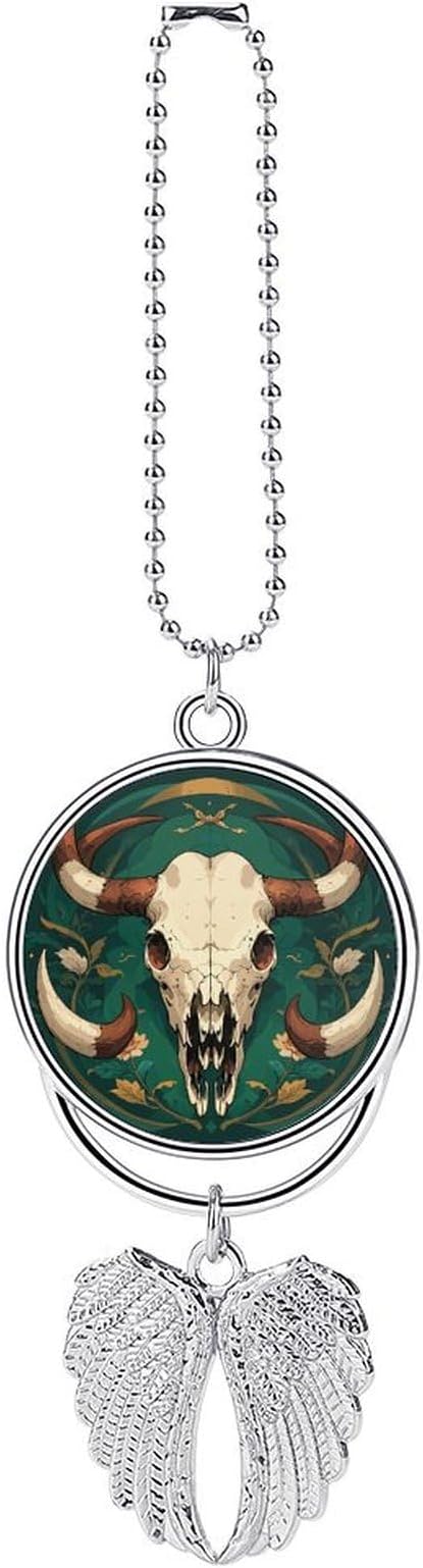 Bull Skull Car Hanging Pendant - Angel Wings Car Rear View Mirror Charm - Metal Hanging Accessory for Women & Men, Sun Catcher Pendent, Decoration Cars Pendant Jewelry Gift Silver - skull lamp