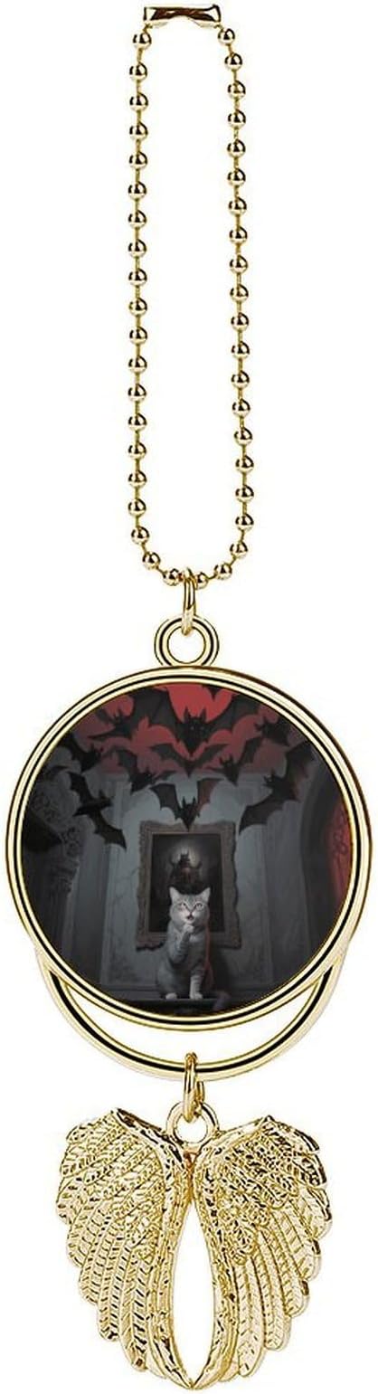 Horror Skull Theme Cat Car Hanging Pendant – Angel Wings Car Rear View Mirror Charm – Metal Hanging Accessory for Women & Men, Sun Catcher Pendent, Decoration Cars Pendant Jewelry Gift Golden