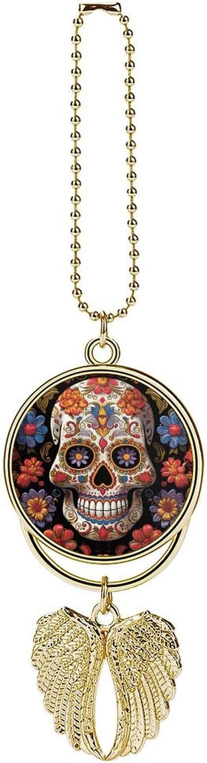 Sugar Skulls Car Hanging Pendant – Angel Wings Car Rear View Mirror Charm – Metal Hanging Accessory for Women & Men, Sun Catcher Pendent, Decoration Cars Pendant Jewelry Gift Golden