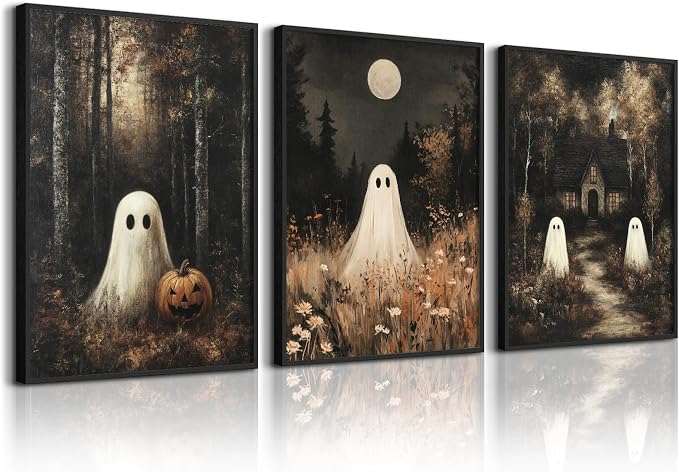 Halloween Ghost Wall Art Decor Vintage Spooky Prints Cute Ghost Canvas Wall Art Vintage Halloween Poster Dark Forest Pumpkin Pictures Academia Aesthetic Painting for Bedroom 12x16x3 Inch Unframed