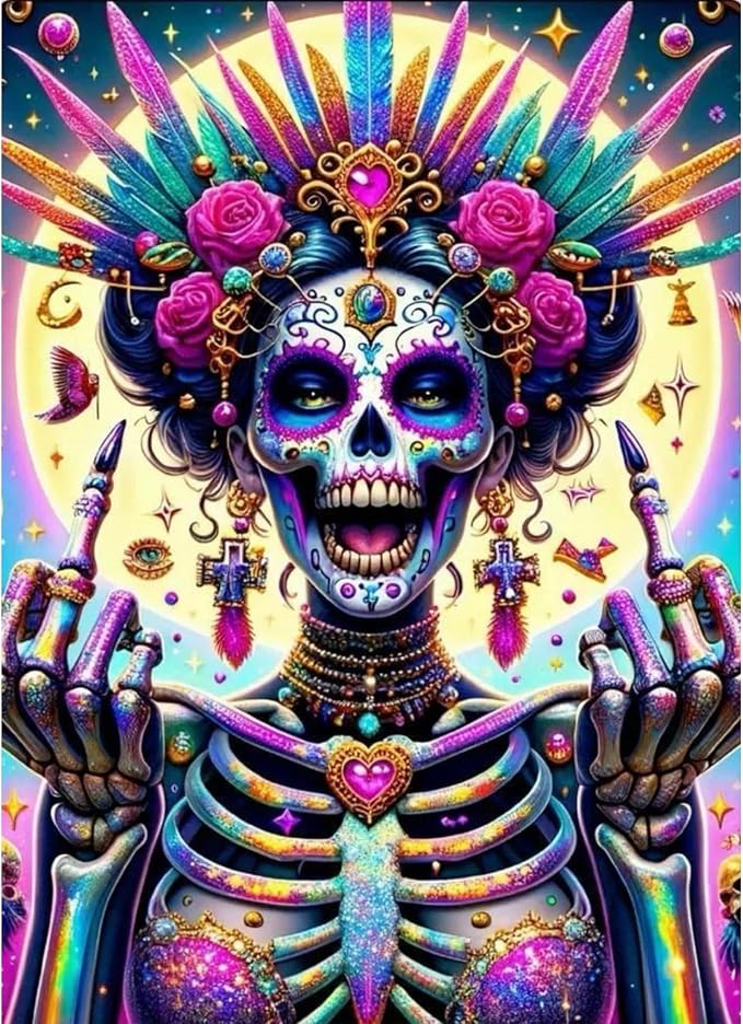 DIY 5D Diamond Painting Kit, Sugar Skull Art with Roses, Colorful Fantasy Skeleton Design, Round Full Drill Diamond Dots Art for Adults, Home Decor, 12x16 Inch - skull wall art