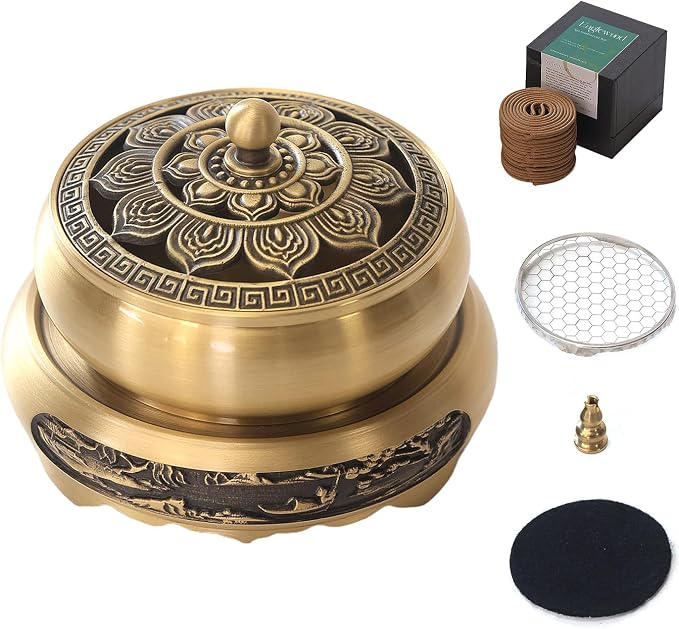 Brass Incense Burner Set, Vintage Incense Holder, Lotus Incense Tray for Cone, Coil and Stick Incense, Zen Meditation Yoga Spa, Healing Relaxing Oriental Censer Gift Set for Home Indoor Decor - skull incense burner