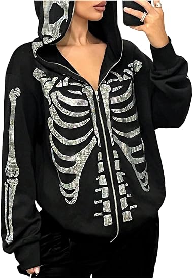 BEAUDRM Women's Skeleton Graphic Hoodie Y2k Gothic Zip Up Rhinestone Long Sleeve Hooded Sweatshirt Jacket Streetwear - skull jacket