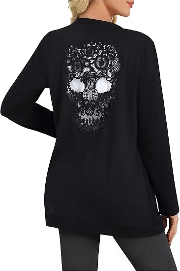 Womens Long Sleeve Open Front Back Cut Out Skull Skeleton Cardigan Tops - skull jacket