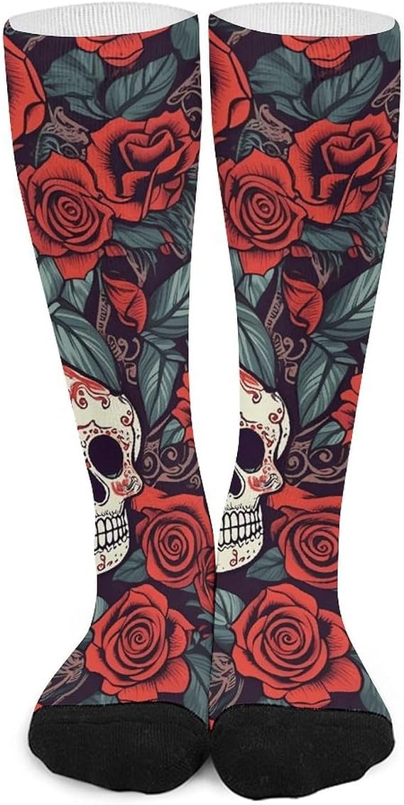 Over The Calf Socks for Women Men Cotton Long Sugar Skulls And Roses Boot Socks Breathable Tube Sock Knee High Sock - sugar skull costume
