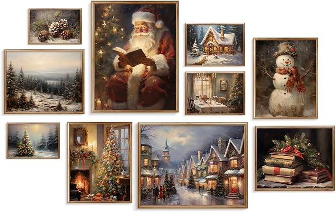 Vodefoad Christmas Gallery Wall SET of 10 Vintage Christmas Wall Art Retro Moody Rustic Xmas Oil Painting Art Bundle for Bedroom Bathroom Living Room Office Holiday Decor Winter Art Unframe - skull wall art