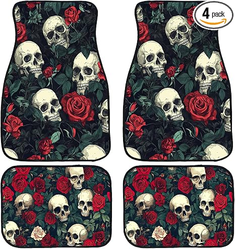 Skull Car Floor Mats Set of 4 Rose Vintage Gothic Art Red Black Green Automotive Car Floor Carpets Non-Slip Auto Car Accessories Universal Fit for Car SUV Truck Van - skull carpet