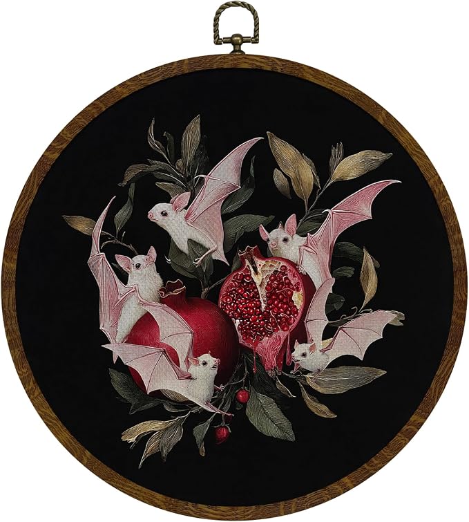 Pink Bat and Pomegranate Round Wall Art Decor,10x10 Inch Gothic Whimsical Canvas Print whit Round Frame, Cute Bat Artwork Wall Hanging Decor for Bedroom, Living Room, or Halloween Home (Pink-Bats) - skull wall art