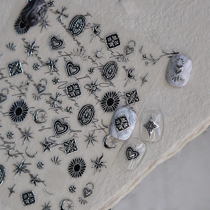 Cross Nail Stickers for Women, Silver 3D Nail Art Stickers with Stars Hearts Flowers Moons, Self-Adhesive Nail Decals for DIY Manicure Nail Decoration - skull sticker