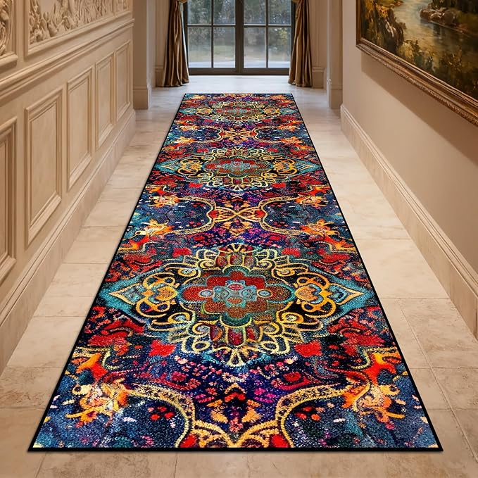 Washable Corridor Runner Rug, Non-Slip Dark Red Hallway Rug Runner with Upgrade Rubber Backing, Stain Resistant Faux Wool Distressed Carpet for Bedroom Kitchen Laundry Corridor Balcony (94.5″ x 23.6″)
