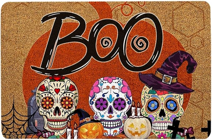 Skull Door Mat Sugar Skull Halloween boo Trick or Treat Pumpkin Funny Brown Welcome Non-Slip Doormat Funny Bathroom Kitchen Porch Entryway - skull toilet mat