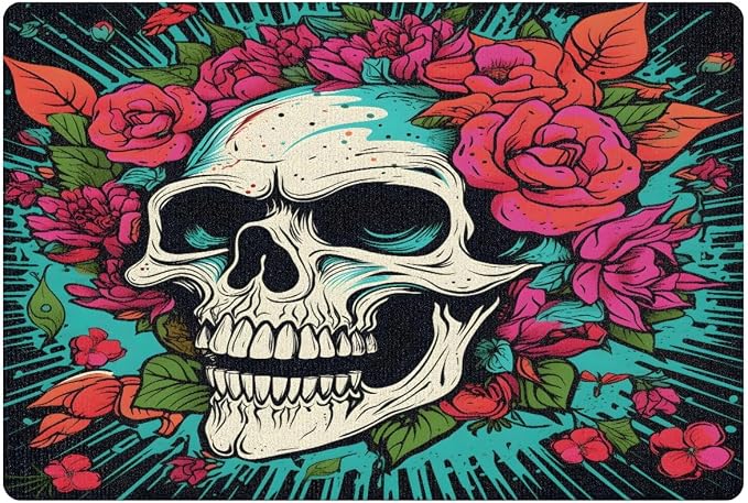 Entrance Door Mat Indoor Outdoor Non-Slip Sugar Skull Doormats for Front Door Bathroom Kitchen Bedroom Patio Entrance 16x24 Inch - skull toilet mat