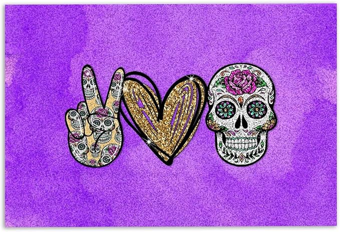 Non Slip Door Mat Peace Skull Love Gothic Skull Skeleton Sugar Skull Welcome Funny Door Mat for Bathroom Kitchen Porch Entryway 16x24 Inch - skull toilet mat