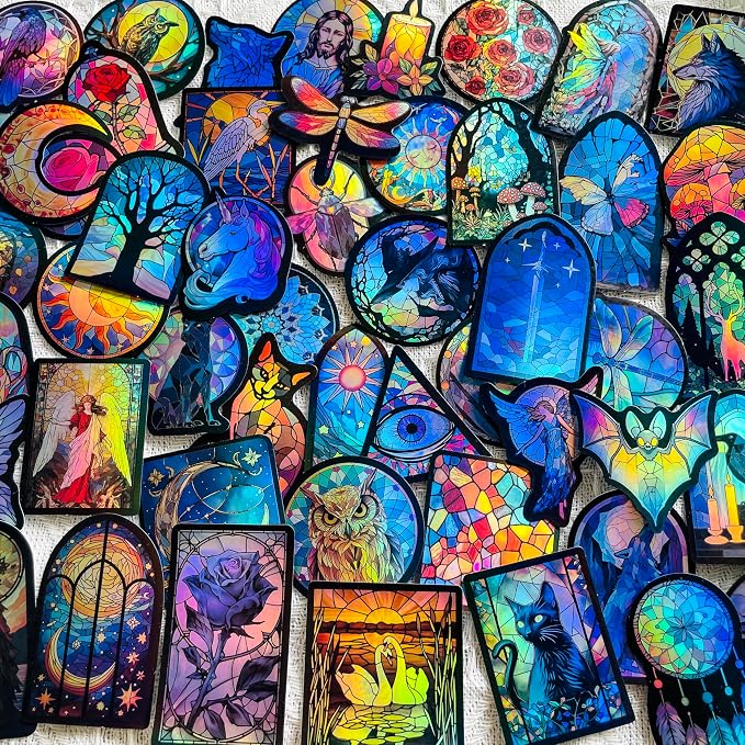 50PCS Holographic Gothic Stained Glass Stickers – Vintage Aesthetic Religious Fantasy and Nature Vinyl Waterproof Decals for Scrapbooking, Journals, Laptops, Water Bottles - skull sticker