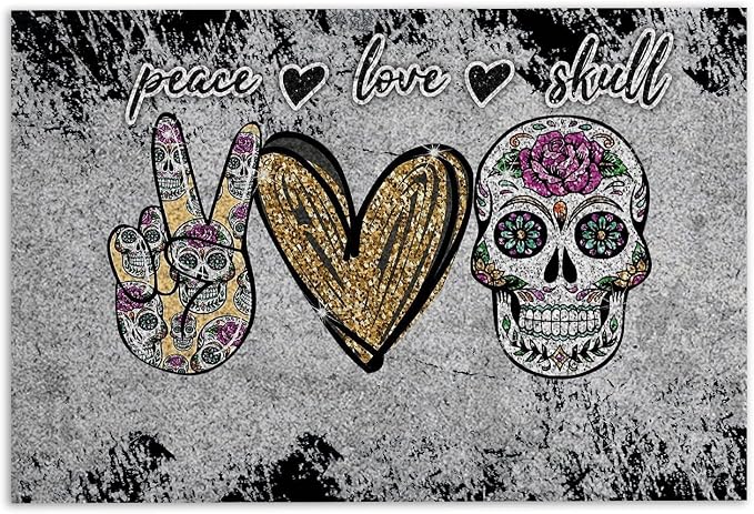 Skull Door Mat Peace Love Sugar Skull Unique Gift for Skull Lovers Grey Design Welcome Non Slip Doormat Funny Bathroom Kitchen Porch - skull toilet mat