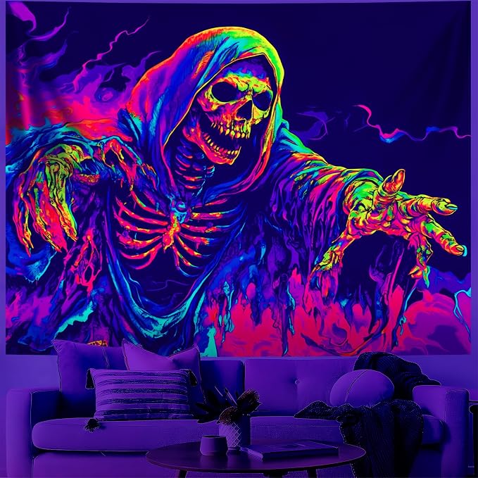Blacklight Halloween Tapestry Horror Moon Night Scary Cemetery Pumpkin Lantern Halloween Tapestry Wall Hanging Skull Horror Poster Banners for Bedroom Livingroom (Skull man, 59L” x 51W”, Unframed)