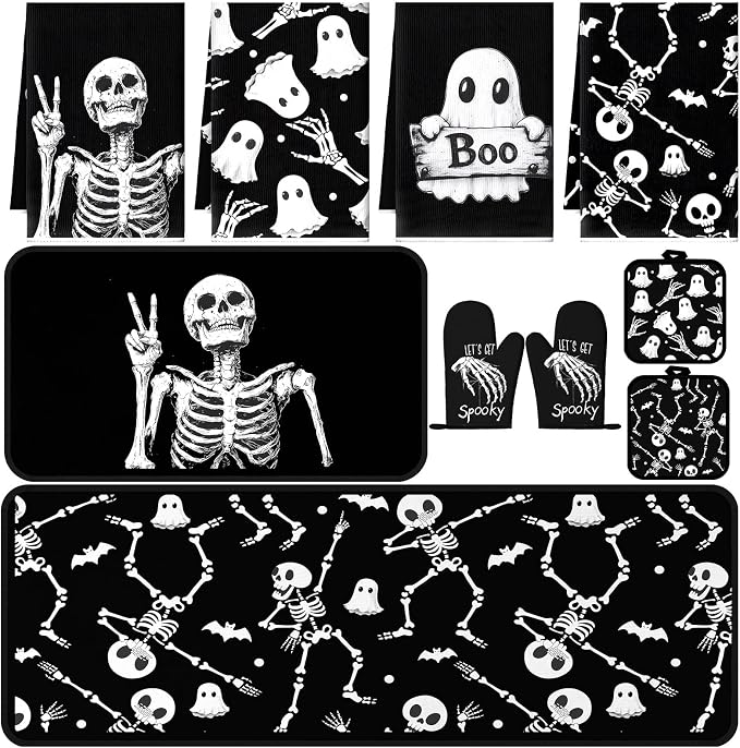 Fourluoo 10 Pcs Halloween Kitchen Decor Gothic Kitchen Rugs Towels Set