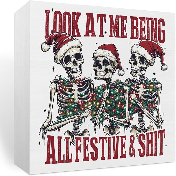 Christmas Decorations, Funny Christmas Decorations Indoor, Snarky Skeleton Santa Claus Wooden Box Sign Gifts for Friends Family Home Shelf Bedroom Living Room Office Halloween Desk Decor - skeleton